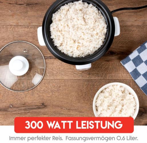 Ein Reiskocher mit einer Schüssel gekochtem Reis, geschlossener Deckel, 300 Watt Leistung und 0,6 Liter Fassungsvermögen