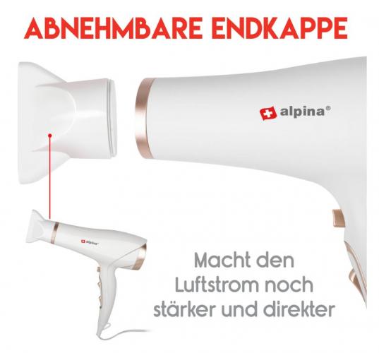 Weißer Alpina Haartrockner mit abnehmbarer Endkappe und verstärktem Luftstrom