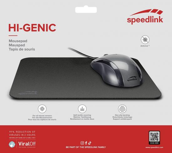 Speedlink HI-GENIC Mauspad, schwarz, mit optischer Maus auf grauem Hintergrund, antivirale Oberfläche