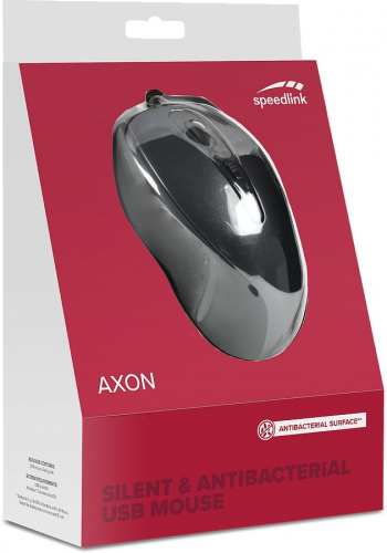 Verpackung der speedlink AXON USB-Maus mit antibakteriellen Eigenschaften und geräuschloser Bedienung in Schwarz