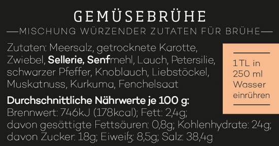 Etikett einer Gemüsebrühe mit Zutatenliste und Nährwertangaben. Hinweise zur Anwendung: 1 Teelöffel in 250 ml Wasser einrühren.