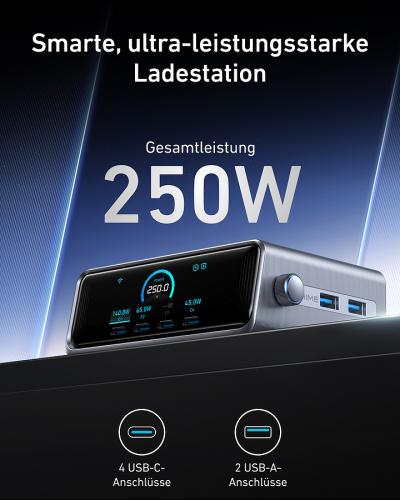 Stylische Ladestation mit 250W Gesamtleistung, ausgestattet mit 4 USB-C und 2 USB-A Anschlüssen