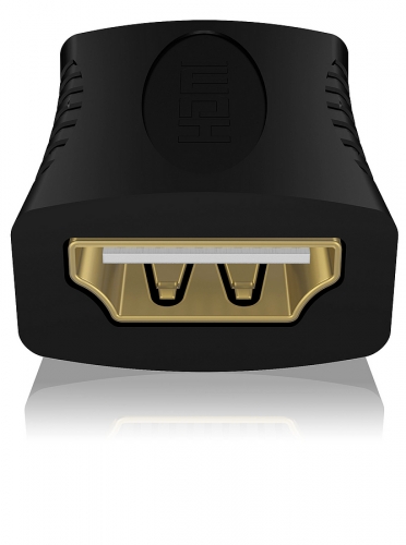 Nahaufnahme eines schwarzen HDMI Adapters mit vergoldeten Anschlüssen, geeignet für Audio- und Videoverbindungen