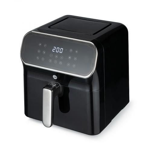 Schwarze digitale Heißluftfritteuse mit LED-Display und Temperaturanzeige von 200 Grad