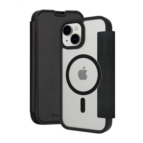 Schwarzes iPhone 14 Case mit Magnetverschluss, stehend auf weißem Hintergrund