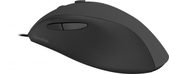 Schwarze kabelgebundene Computer-Maus mit ergonomischem Design und Seitentasten