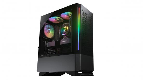 Moderner Gaming-PC mit RGB-Beleuchtung und transparentem Seitenfenster.