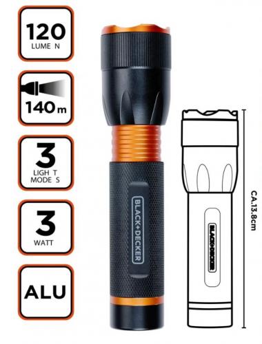Bild einer robusten Taschenlampe mit 120 Lumen, 140 Meter Reichweite, 3 Watt Leistung und Aluminiumgehäuse
