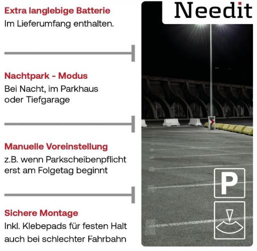 Infografik über eine elektronische Parkscheibe mit extra langer Batterie, Nachtpark-Modus und manueller Voreinstellung.