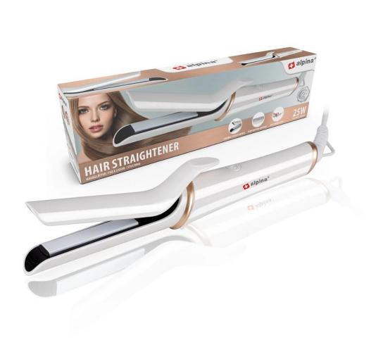 Weiß-goldener Haarglätter von Alpina, präsentiert mit Verpackung, ideal zum Glätten der Haare