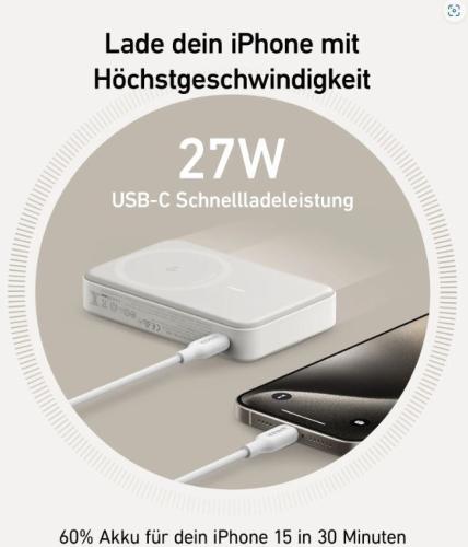 27W USB-C Schnellladestation, die ein iPhone mit hoher Ladegeschwindigkeit in 30 Minuten bis zu 60% auflädt.