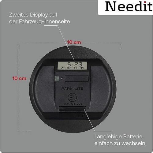 Runde, schwarze Parkscheibe mit digitalem Display, zeigt Datum und Uhrzeit, inklusive Maße von 10 cm und einfacher Batteriewechsel.