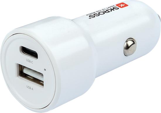 Weißes Auto Ladegerät mit USB-C und USB-A Ports für schnelles Aufladen