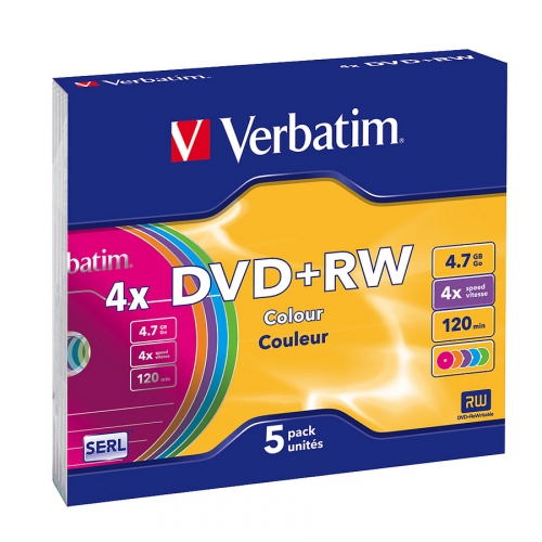 Verbatim DVD+RW 4-fache Geschwindigkeit, 4.7 GB Speicherkapazität, 120 Minuten Aufnahme, 5er Pack farbig