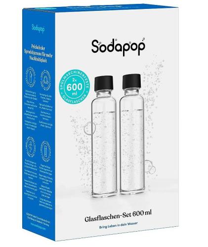 Verpackung des Sodapop Glasflaschen-Sets mit zwei 600 ml Flaschen für Sprudelwasser