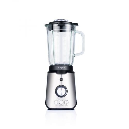 Moderner Standmixer aus Edelstahl mit Glasbehälter und verschiedenen Geschwindigkeitseinstellungen