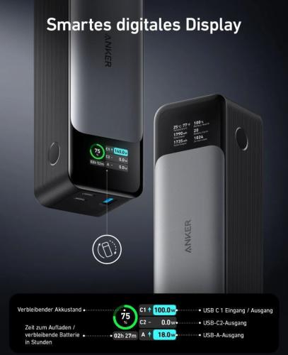 Anker Powerbank mit großem digitalen Display zur Anzeige von Akkustand und Ladeinformationen