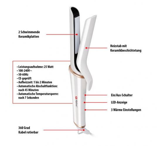 Weißer Haarglätter mit keramisch beschichtetem Heizstab, 3 Wärme-Einstellungen und 360-Grad-Kabel für flexibles Stylen.