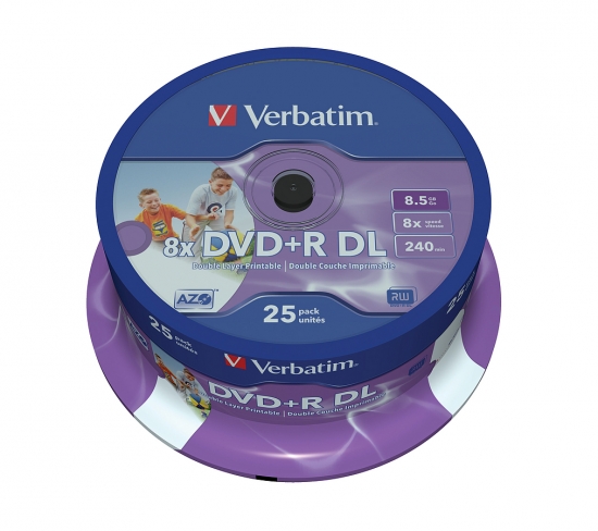 Verbatim DVD+R DL Spindel mit 25 DVDs, 8,5 GB Speicherkapazität, geeignet für doppelschichtige Aufnahmen und bedruckbar