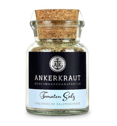Glas mit Ankerkraut Tomaten Salz und Korkverschluss
