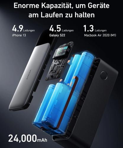 Powerbank mit 24.000 mAh, die bis zu 4.9 Ladungen für iPhone 13, 4.5 Ladungen für Galaxy S22 und 1.3 Ladungen für MacBook Air 2020 ermöglicht