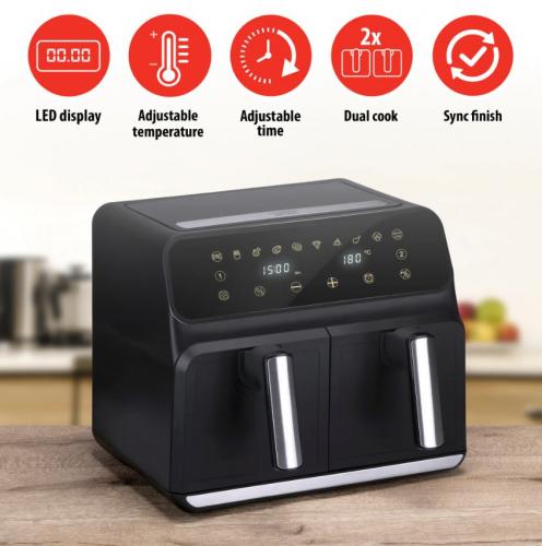 Schwarze Heißluftfritteuse mit LED-Display, einstellbarer Temperatur und Zeit, Dual-Kochfunktion und Synchronisationsmöglichkeit in einer Küche