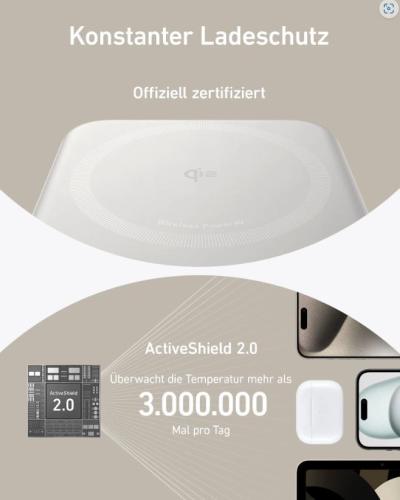 Bild eines kabellosen Ladegeräts mit ActiveShield 2.0, zeigt Temperaturüberwachung und Sicherheitsfunktionen, zertifiziert für konstanten Ladeschutz.