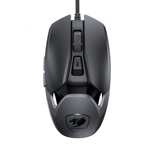 Schwarze Gaming-Maus mit ergonomischem Design, Kabelanschluss und DPI-Taste