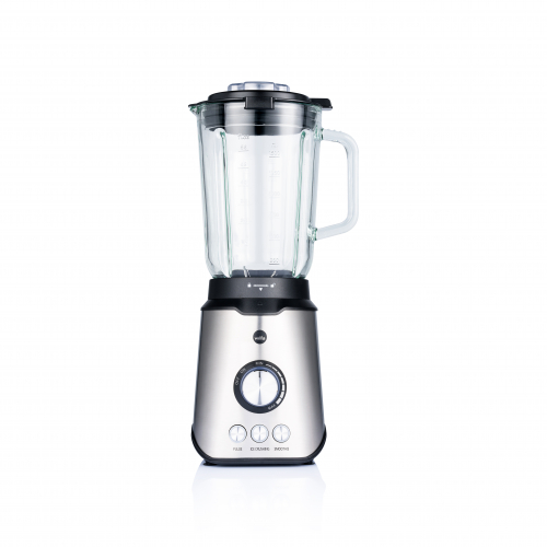 Moderner Mixer mit robustem Edelstahlgehäuse und Glasbehälter, ideal für Shakes und Smoothies.