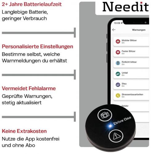 Needit Drive One Verkehrswarner mit langer Batterielaufzeit, personalisierbaren Einstellungen und kostenfreier App-Nutzung ohne Abonnement