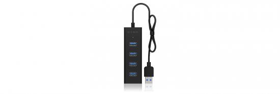 Schwarzer USB 3.0 Hub mit vier Anschlüssen, sichtbares Kabel