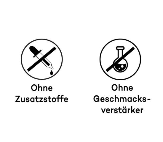 Symbole für ohne Zusatzstoffe und ohne Geschmacksverstärker in einem Produkt