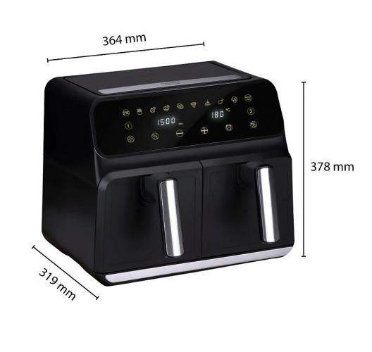 Schwarze digitale Heißluftfritteuse mit zwei Türen und Display, Maße 364x378x319 mm