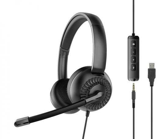 Schwarzes USB-Headset mit Mikrofon und Inline-Steuerung für Audioanpassung