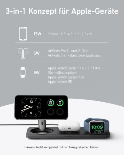 Bild einer 3-in-1 Ladestation für iPhone, AirPods und Apple Watch