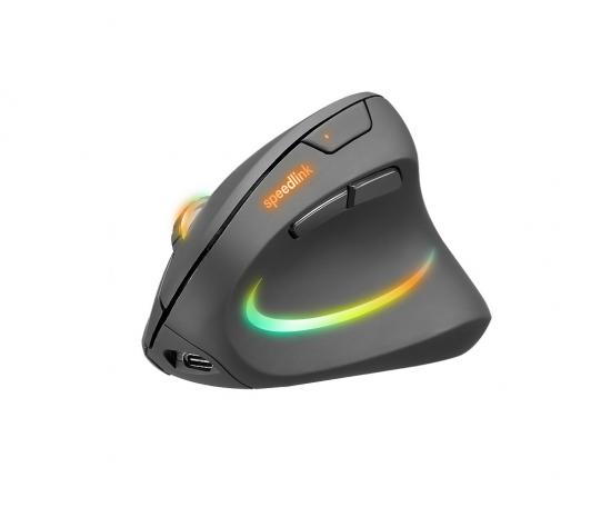 Seitenansicht einer ergonomischen, vertikalen Gaming-Maus mit RGB-Beleuchtung