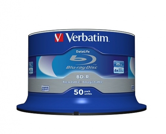Abbildung einer Verbatim BD-R 50er Spindel mit 25 GB Blu-ray Discs, 6fach Geschwindigkeit