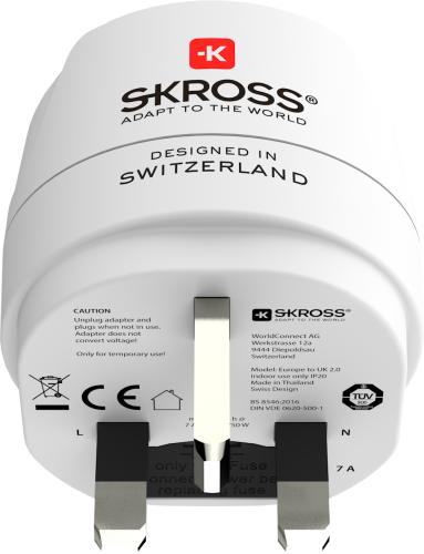 SKROSS weißer Reisestecker Adapter mit CE-Kennzeichnung, designed in Switzerland, für weltweite Nutzung geeignet