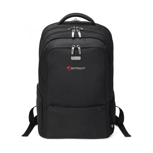 Schwarzer Rucksack mit mehreren Fächern und Zeitalarm-Logo, ideal für Arbeit oder Reisen