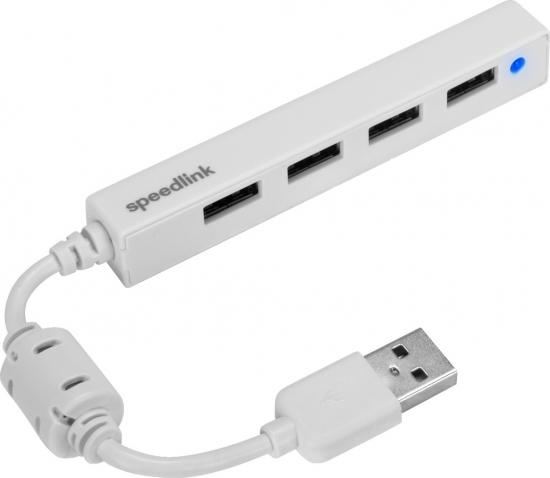 Weißer USB-Hub von Speedlink mit vier USB-Anschlüssen und kurzem Kabel mit USB-Stecker