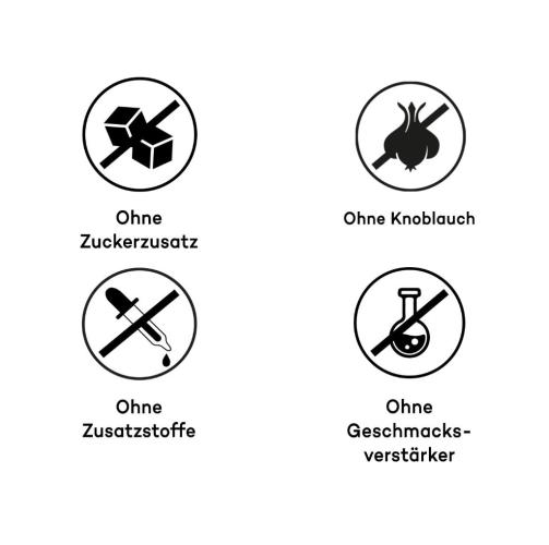 Vier Icons mit Text: Ohne Zuckerzusatz, Ohne Knoblauch, Ohne Zusatzstoffe, Ohne Geschmacksverstärker