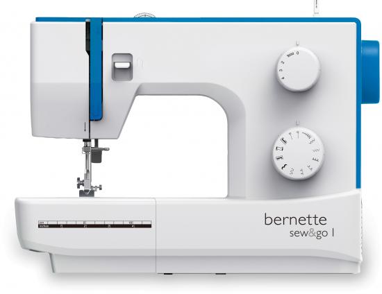 Weiße Bernette Sew&Go 1 Nähmaschine mit blauen Akzenten, zwei Einstellrädern und seitlichem Sichtfenster