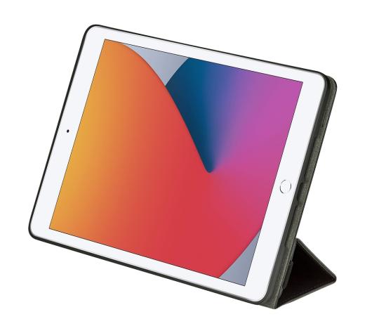 Tablet in schwarzer Schutzhülle, aufgestellt im Ständer-Modus mit buntem Display