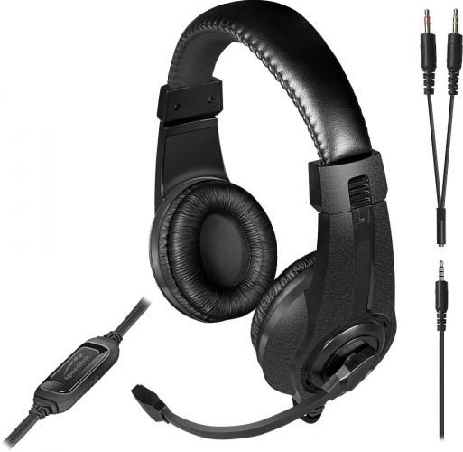 Schwarzes Over-Ear-Headset mit Mikrofon und mehreren Anschlusskabeln, inklusive Lautstärkeregler am Kabel