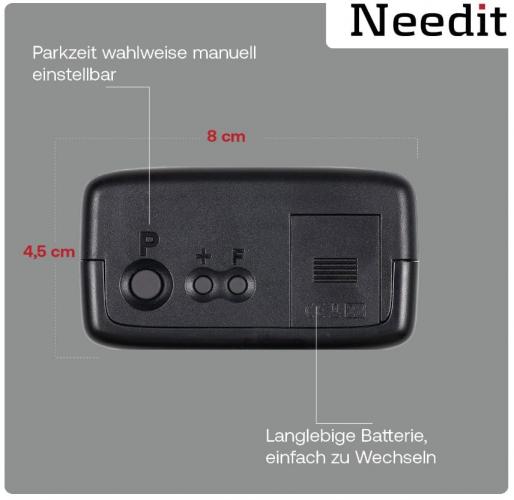 Vorderansicht einer elektronischen Parkscheibe von Needit mit Tasten zur manuellen Zeiteinstellung und einem Batteriefach