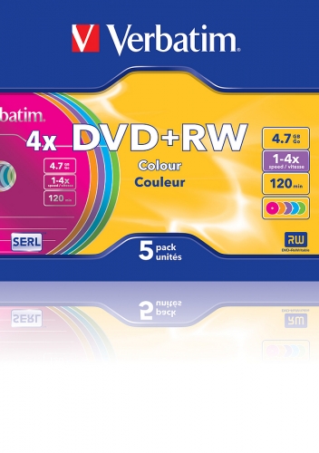 Verbatim DVD+RW 4x in Farbe, 4.7 GB Kapazität, 5er Pack mit 120 Minuten Speicherdauer