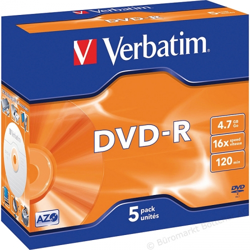 Verbatim DVD-R Rohlinge, 4.7 GB Kapazität, 16-fache Schreibgeschwindigkeit, 120 Minuten, 5er-Packung