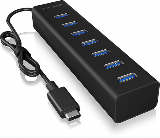 Schwarzer USB-Hub mit sieben USB-Anschlüssen und integriertem USB-C-Kabel