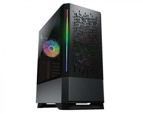 Seitliche Ansicht eines modernen PC-Gehäuses mit RGB-Beleuchtung und transparentem Seitenfenster
