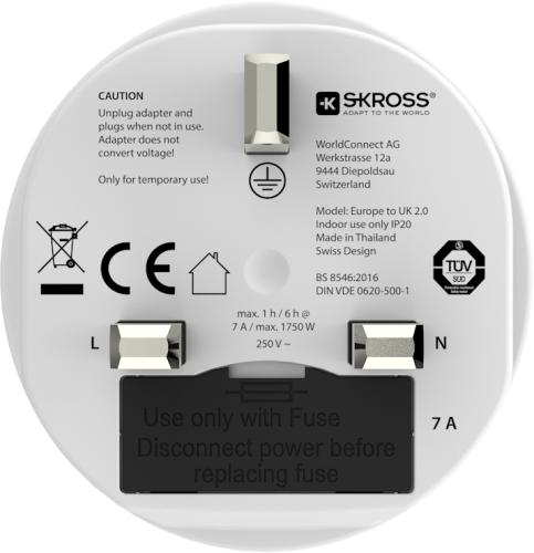 SKROSS Reiseadapter Rückansicht mit Beschriftungen und Sicherheitsinformationen